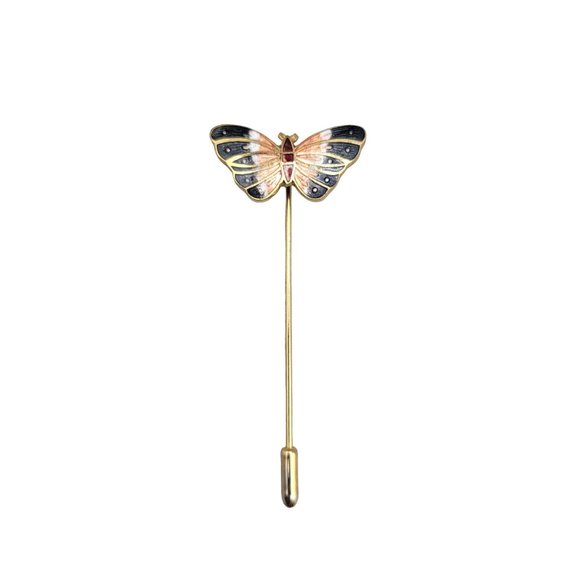 Enamel Butterfly Stick Pin Gold Tone Blue Copper - Picture 2 of 3